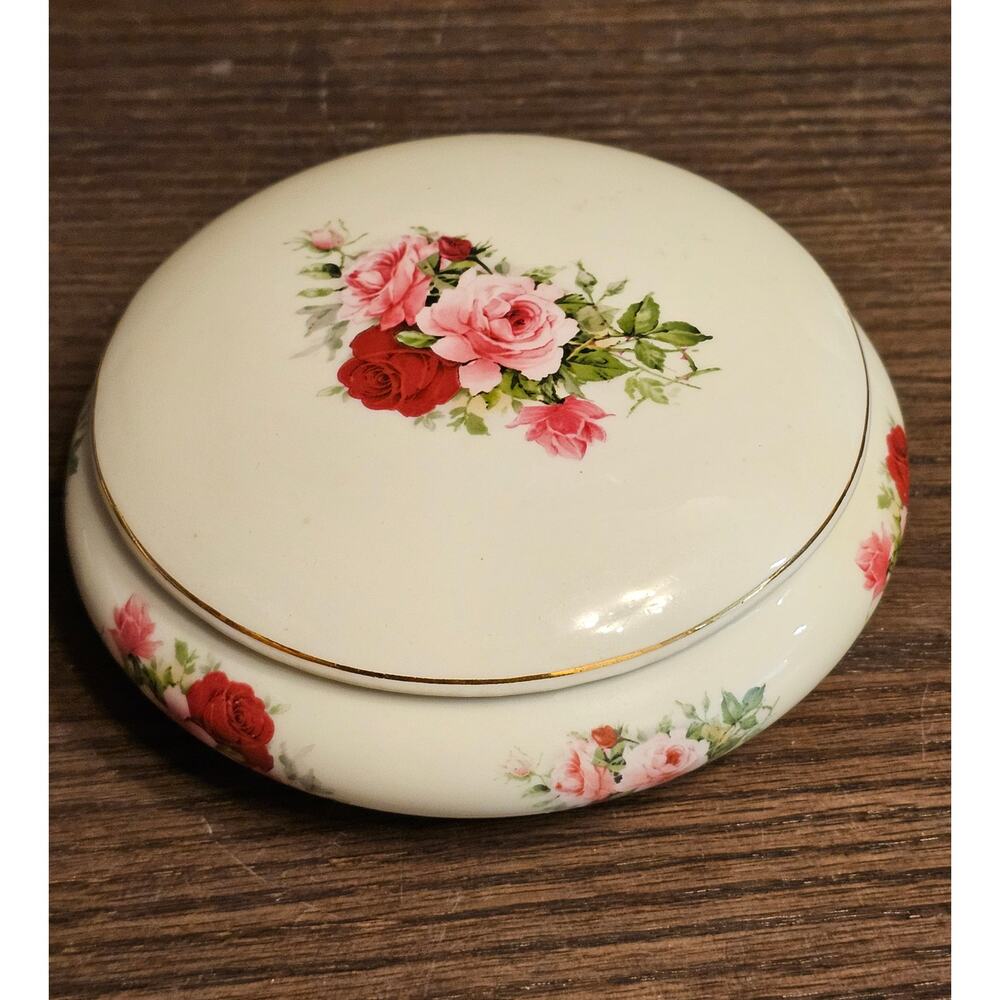 VTG Formalities Baum Bros VICTORIAN ROSE Trinket Bowl Ivory Round Floral Box 5”